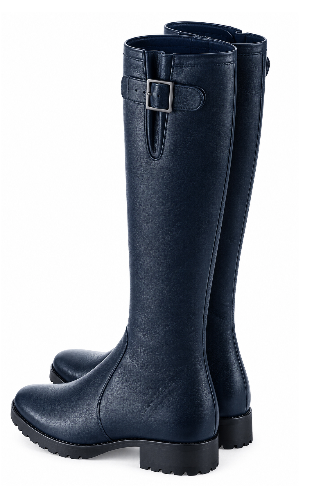 Women's navy blue custom-made buckle knee-high boots with round toe and chunky rubber lug sole- Top view